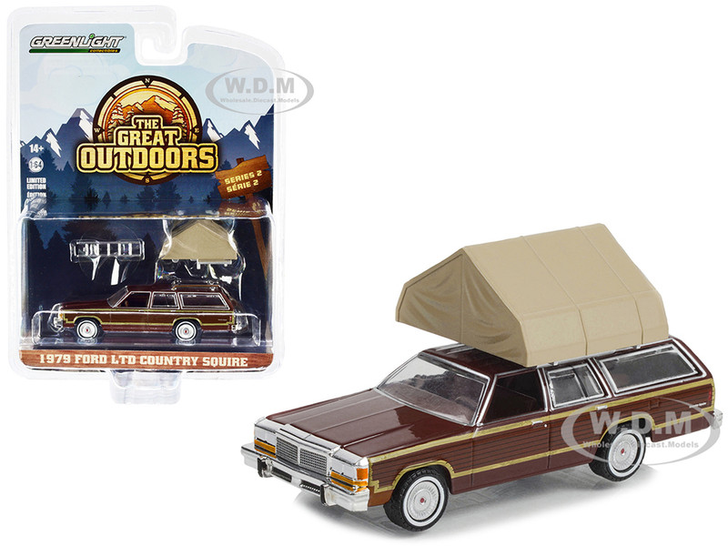 1979 Ford LTD Country Squire Brown Wood Panels Camp'otel Cartop Sleeper Tent The Great Outdoors Series 2 1/64 Diecast Model Car Greenlight 38030C