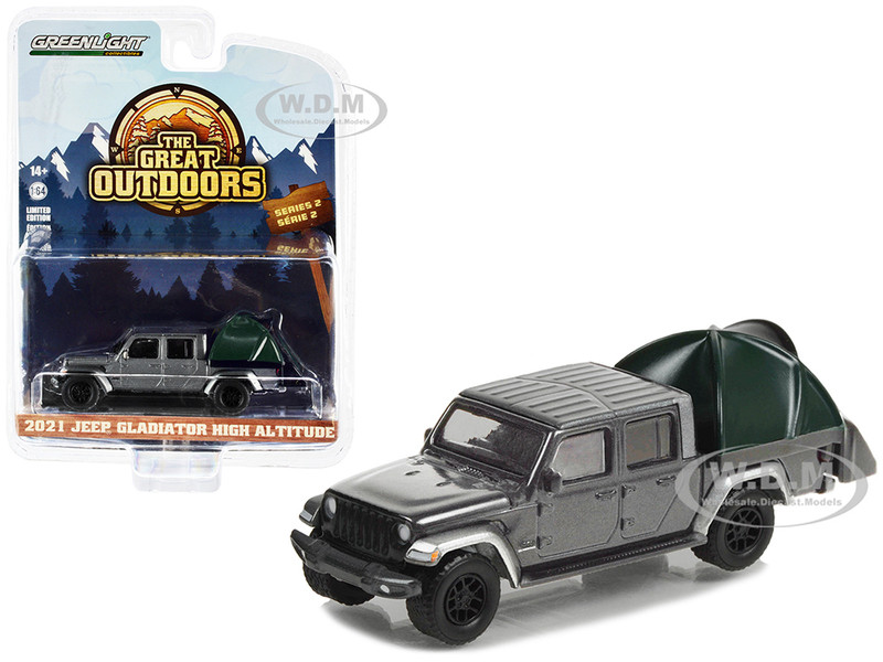 2021 Jeep Gladiator High Altitude Pickup Truck Gray Metallic Modern Truck Bed Tent The Great Outdoors Series 2 1/64 Diecast Model Car Greenlight 38030E
