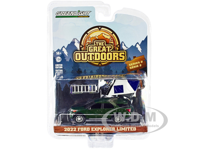 2022 Ford Explorer Limited Green Metallic Modern Rooftop Tent The Great Outdoors Series 2 1/64 Diecast Model Car Greenlight 38030F