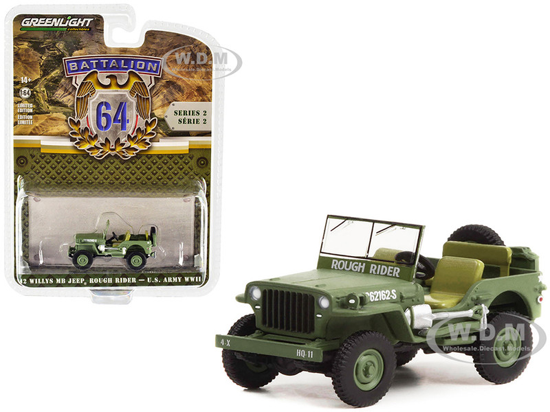 1942 Willys MB Jeep #20362162-S Green U.S. Army World War II Rough Rider Battalion 64 Release 2 1/64 Diecast Model Car Greenlight 61020A