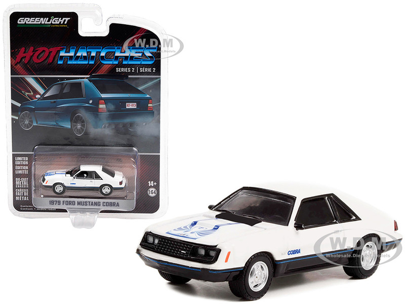 1979 Ford Mustang Cobra White Medium Blue Glow Graphics Hot Hatches Series 2 1/64 Diecast Model Car Greenlight 63020C