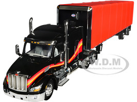 Peterbilt 579 with 72 Mid Roof Sleeper and 53 Utility RollTarp Trailer Black and Red 1/64 Diecast Model DCP/First Gear 60-1610