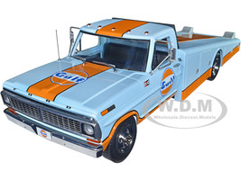 1970 Ford F-350 Ramp Truck Light Blue Orange Stripes Gulf Racing Team 1/18 Diecast Model ACME A1801413