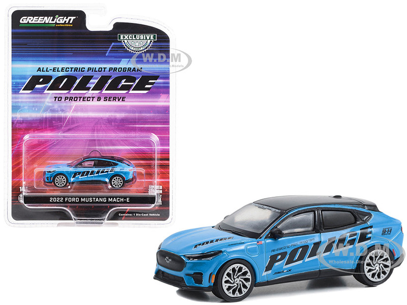 2022 Ford Mustang Mach E Police Blue with Black Top All Electric Pilot Program Vehicle Hobby Exclusive Series 1/64 Diecast Model Car Greenlight 30429