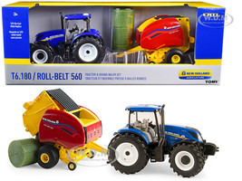 New Holland T6.180 Tractor Blue New Holland Roll-Belt 560 Baler Red 3 Bales Set 3 pieces 1/32 Diecast Models ERTL TOMY 13966