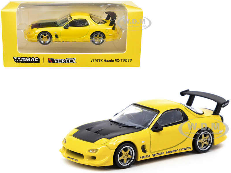 Mazda VERTEX RX-7 FD3S RHD Right Hand Drive Yellow Metallic Black Hood Global64 Series 1/64 Diecast Model Car Tarmac Works T64G-022-YL