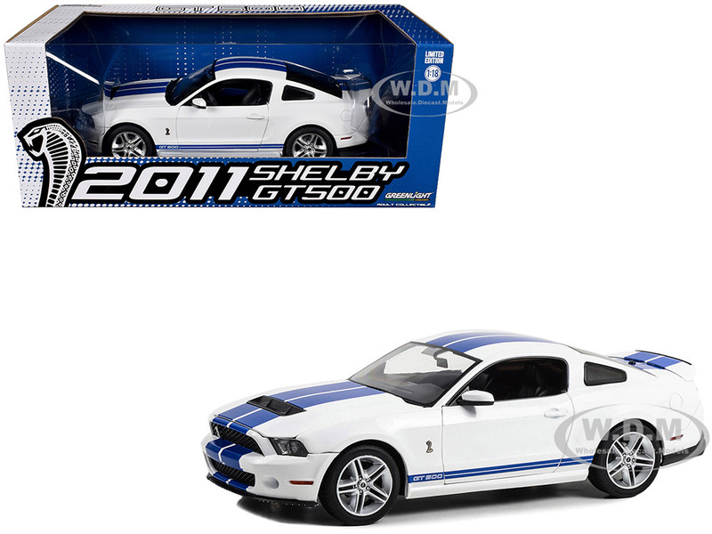 2011 Shelby GT500 Performance White with Grabber Blue Stripes 1/18 Diecast Model Car Greenlight 13674