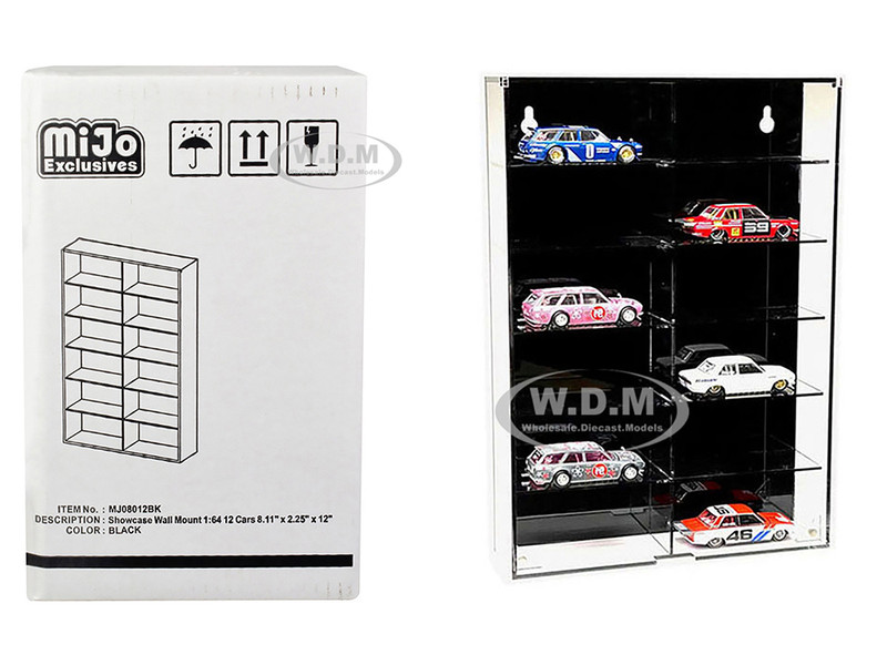 Showcase 12 Car Display Case Wall Mount Black Back Panel Mijo Exclusives 1/64 Scale Models MJ08012BK