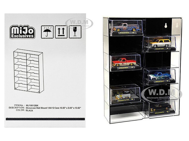 Showcase 12 Car Display Case Wall Mount Black Back Panel Extra Space Mijo Exclusives 1/64 Scale Models MJ10012BK