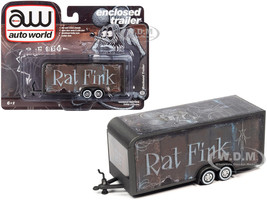 4-Wheel Enclosed Car Trailer Dark Gray Graphics Rat Fink 1/64 Diecast Model Auto World AWSP119