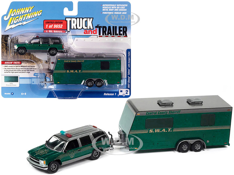 1997 Chevrolet Tahoe Central County Sheriff Emerald Green Gray SWAT Camper Trailer Limited Edition 9652 pieces Worldwide Truck and Trailer Series 1/64 Diecast Model Car Johnny Lightning JLBT016-JLSP300B