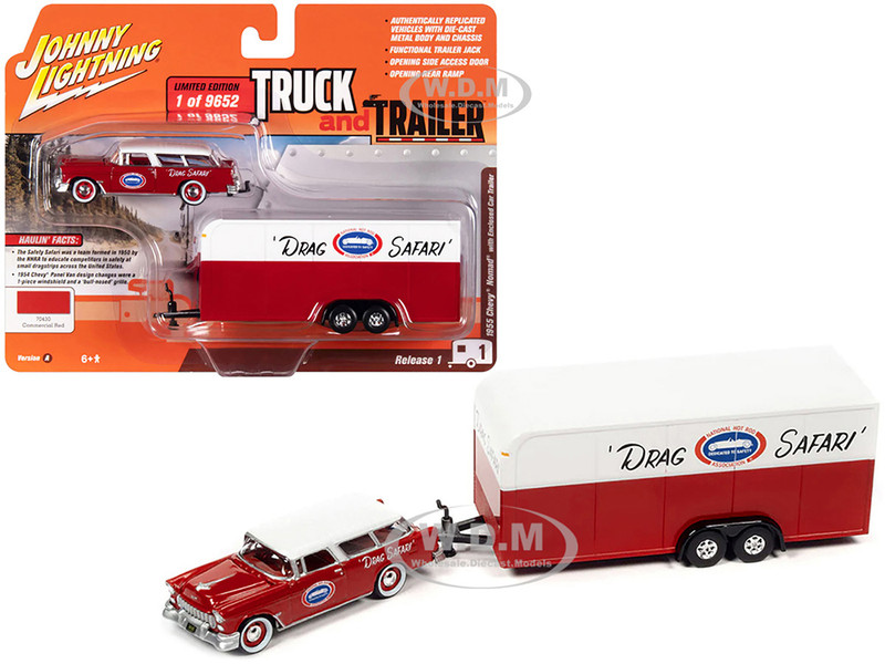1955 Chevrolet Nomad NHRA Drag Safari Commercial Red White Top Enclosed Car Trailer Limited Edition 9652 pieces Worldwide Truck and Trailer Series 1/64 Diecast Model Car Johnny Lightning JLBT016-JLSP307A