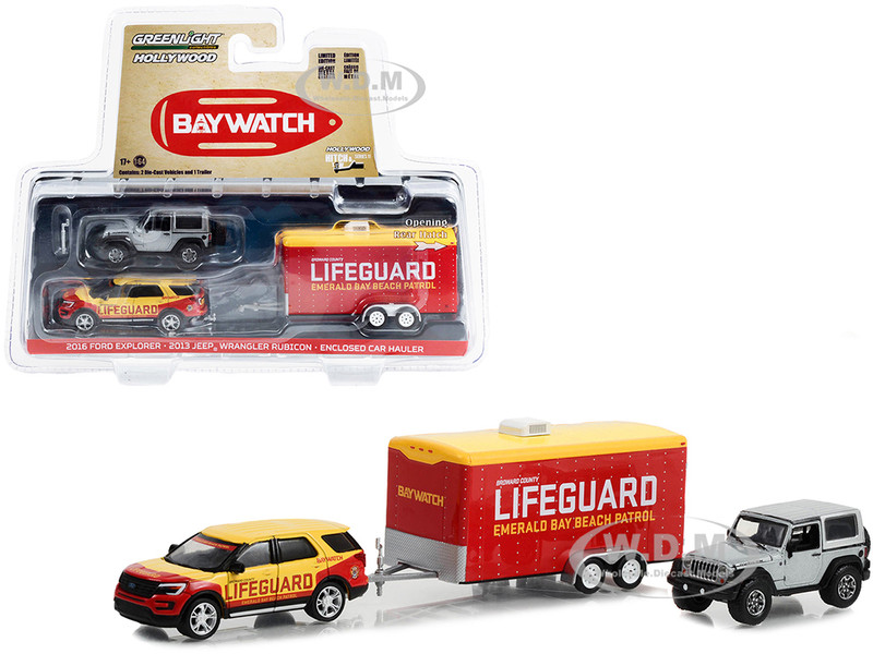 2016 Ford Explorer Emerald Bay Beach Patrol Lifeguard Yellow Red 2013 Jeep Wrangler Rubicon Gray Enclosed Car Hauler Baywatch 2017 Movie Hollywood Hitch & Tow Series 11 1/64 Diecast Model Cars Greenlight 31150B