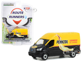 2019 Ford Transit LWB High Roof Van Pennzoil Express Oil Change Yellow Black Route Runners Series 5 1/64 Diecast Model Car Greenlight 53050C