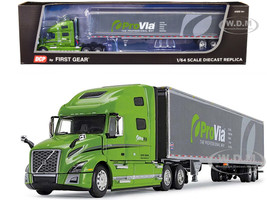 Volvo VNL 760 High Roof Sleeper and 53 Utility Trailer with Roll up Rear Door Green and Black ProVia 1/64 Diecast Model DCP/First Gear 60-1652