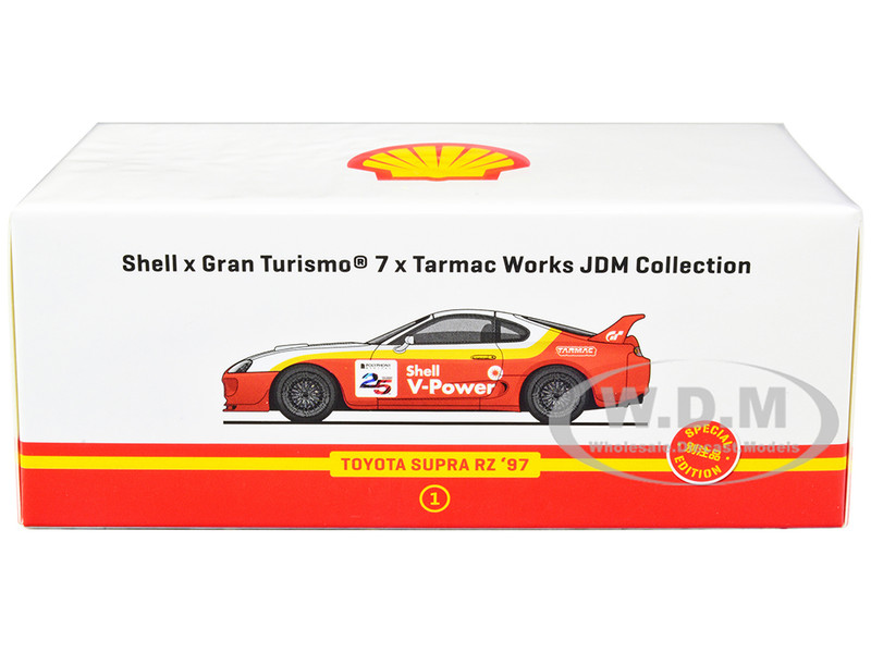 1997 Toyota Supra RZ RHD Right Hand Drive Red White Yellow Stripes Shell x Gran Turismo 7 Special Edition 1/64 Diecast Model Car Tarmac Works T64-011-SS22