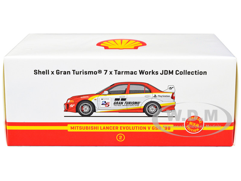 1998 Mitsubishi Lancer Evolution V GSR RHD Right Hand Drive Red White Yellow Stripes Shell x Gran Turismo 7 Special Edition 1/64 Diecast Model Car Tarmac Works T64-012-SS22