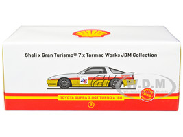 1988 Toyota Supra 3.0GT Turbo A RHD Right Hand Drive White Yellow Red Stripes Shell x Gran Turismo 7 Special Edition 1/64 Diecast Model Car Tarmac Works T64-064-SS22
