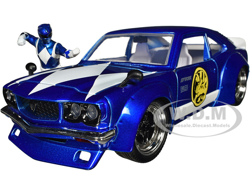 1974 Mazda RX-3 Candy Blue White Interior Graphics Blue Ranger Diecast Figure Power Rangers Hollywood Rides Series 1/24 Diecast Model Car Jada 34389
