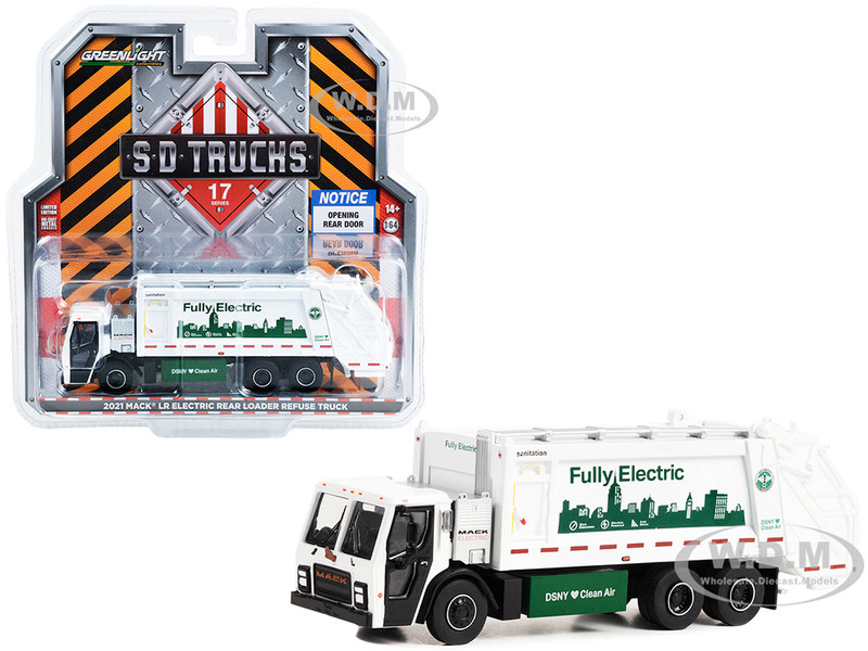 2021 Mack LR Electric Rear Loader Refuse Truck White New York City Department of Sanitation DSNY Fully Electric S.D. Trucks Series 17 1/64 Diecast Model Car Greenlight 45170C