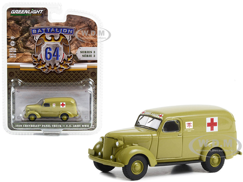 1939 Chevrolet Panel Truck Ambulance U.S. Army World War II Green Battalion 64 Series 3 1/64 Diecast Model Car Greenlight 61030A