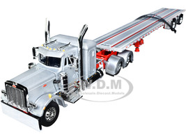 Peterbilt 359 with 36 Flat Top Sleeper and Wilson Roadbrute Spread-Axle Flatbed Trailer Silver and Red 1/64 Diecast Model DCP/First Gear 60-1540