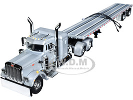 Peterbilt 359 with 36 Flat Top Sleeper and Wilson Roadbrute Spread-Axle Flatbed Trailer Silver and Black 1/64 Diecast Model DCP/First Gear 60-1541