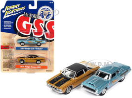 1964 Dodge 330 Mr Norm Grand Spaulding Dodge Blue Metallic and 1971 Dodge Demon GSS Butterscotch Orange with Black Top and Stripes Mr. Norm GSS Series Set of 2 Cars 1/64 Diecast Model Cars Johnny Lightning JLPK019-JLSP275B
