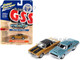 1964 Dodge 330 Mr Norm Grand Spaulding Dodge Blue Metallic and 1971 Dodge Demon GSS Butterscotch Orange with Black Top and Stripes Mr. Norm GSS Series Set of 2 Cars 1/64 Diecast Model Cars Johnny Lightning JLPK019-JLSP275B