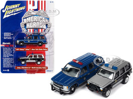 1997 Chevrolet Tahoe New York State Trooper Blue with Gold Stripes and Jeep Cherokee XJ North Carolina State Trooper Black and Silver American Heroes Series Set of 2 Cars 1/64 Diecast Model Cars Johnny Lightning JLPK019-JLSP277B