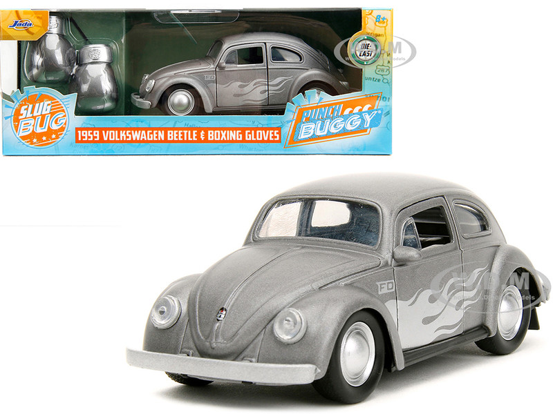 1959 Volkswagen Beetle Gray Metallic with Silver Flames and Boxing Gloves Accessory Punch Buggy Series 1/32 Diecast Model Car Jada JA34235