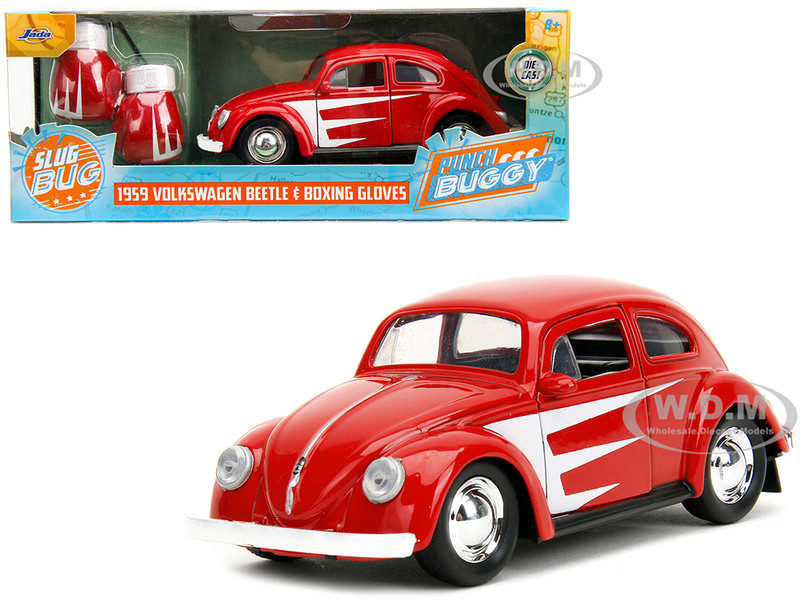 1959 Volkswagen Beetle Red with White Graphics and Boxing Gloves Accessory Punch Buggy Series 1/32 Diecast Model Car Jada 34236