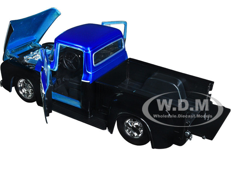 1956 Ford F 100 Pickup Truck Black and Blue Metallic with