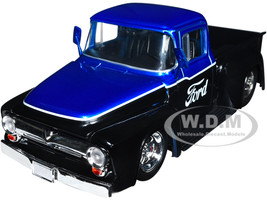 1956 Ford F 100 Pickup Truck Black and Blue Metallic with Ford Graphics Just Trucks Series 1/24 Diecast Model Car Jada 34307