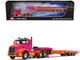 Mack Pinnacle Day Cab with Aftermarket Minimizer Parts and Talbert 5553TA Traveling Axle Trailer Orange and Fuchsia 1/64 Diecast Model DCP/First Gear 60-1648