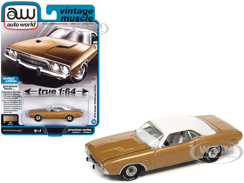 1974 Dodge Challenger Rallye Gold Metallic with White Vinyl Top Vintage Muscle Limited Edition 1/64 Diecast Model Car Auto World 64382-AWSP117A