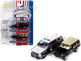 1997 Chevrolet Tahoe Texas Highway Patrol Department of Public Safety Black and White and Jeep Cherokee XJ Florida State Trooper K9 Unit Black with Tan Top American Heroes Series Set of 2 Cars 1/64 Diecast Model Cars Johnny Lightning JLPK019-JLSP277A