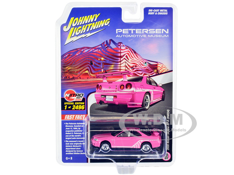 2000 Nissan Skyline GT R BNR34 RHD Right Hand Drive Pink with White Graphics and Interior Petersen Automotive Museum Limited Edition to 2496 pieces Worldwide 1/64 Diecast Model Car Johnny Lightning JLCP7410