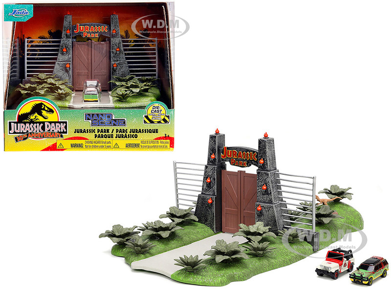 Jurassic Park Theme Park Entrance Diorama with Jeep Wrangler and Ford Explorer 30th Anniversary Jurassic Park 1993 Movie Nano Hollywood Rides Series Models Jada 34244