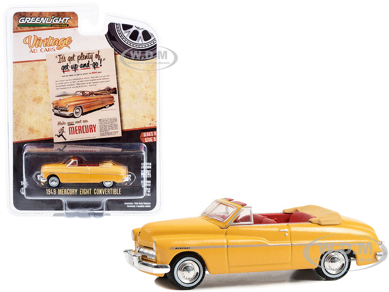 1949 Mercury Eight Convertible Yellow Metallic with Red Interior It s Got Plenty Of Get Up And Go Vintage Ad Cars Series 9 1/64 Diecast Model Car Greenlight 39130B