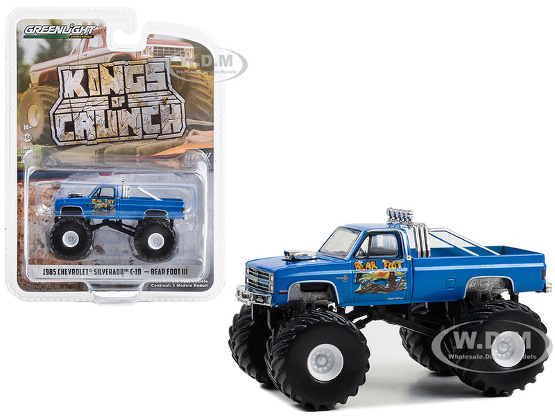 1985 Chevrolet Silverado C 10 Monster Truck Blue Bear Foot III Kings of Crunch Series 13 1/64 Diecast Model Car Greenlight 49130C