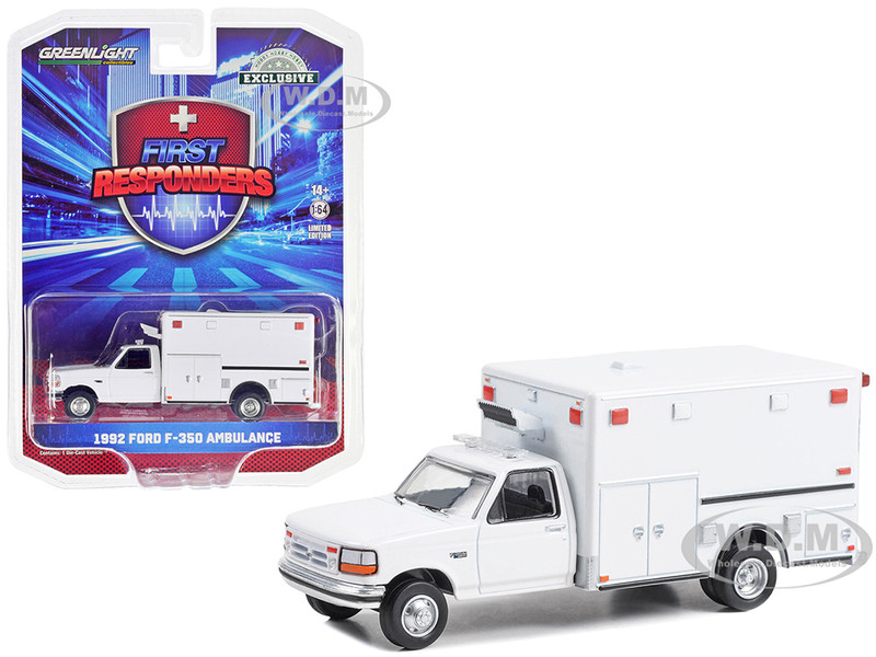 1992 Ford F 350 Ambulance White First Responders Hobby Exclusive Series 1/64 Diecast Model Car Greenlight 67061