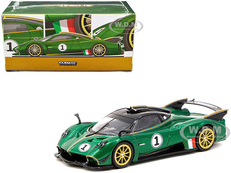 Pagani Huayra R #1 Verde Trifoglio Green Metallic with Black Top and Gold Stripes Global64 Series 1/64 Diecast Model Car Tarmac Works T64G-TL035-GR