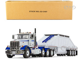 Peterbilt 367 Day Cab and Bottom Dump Trailer White and Surf Blue 1/50 Diecast Model First Gear 50-3481