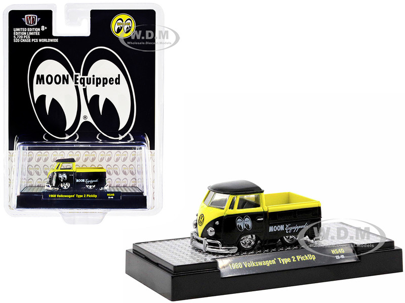 1960 Volkswagen Type 2 Pickup Truck Black and Bright Yellow Mooneyes Moon Equipped Limited Edition to 5720 pieces Worldwide 1/64 Diecast Model Car M2 Machine 31500-HS40