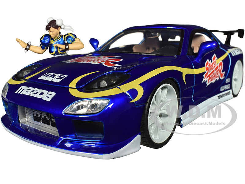 1993 Mazda RX-7 Candy Blue Metallic with Graphics and Chun-Li Diecast Figure Street Fighter Video Game Anime Hollywood Rides Series 1/24 Diecast Model Car Jada 30838