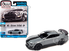 2021 Shelby GT500 Carbon Fiber Track Pack Iconic Silver Metallic with Black Stripes Modern Muscle Limited Edition 1/64 Diecast Model Car Auto World 64382-AWSP114B
