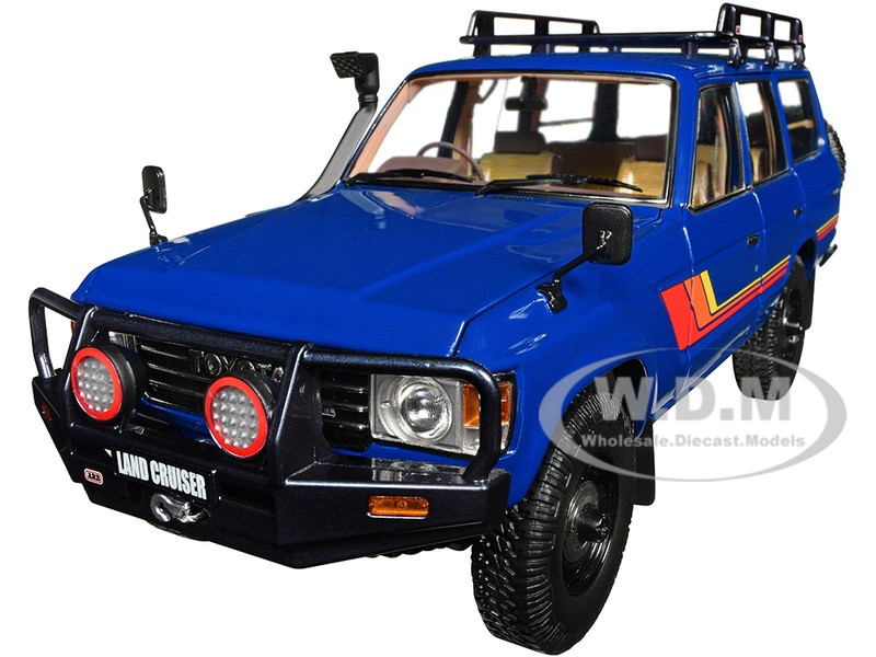 Toyota Land Cruiser 60 RHD Right Hand Drive Blue with Stripes and Roof Rack with Accessories 1/18 Diecast Model Car Kyosho K08956XBL
