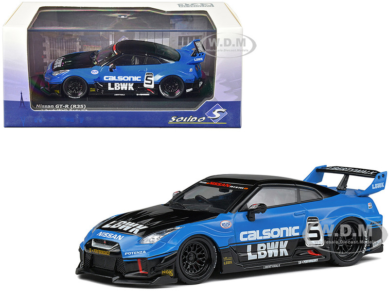 Nissan GT R R35 LB Silhouette Works GT RHD Right Hand Drive #5 Black and Blue Calsonic 1/43 Diecast Model Car Solido S4311202