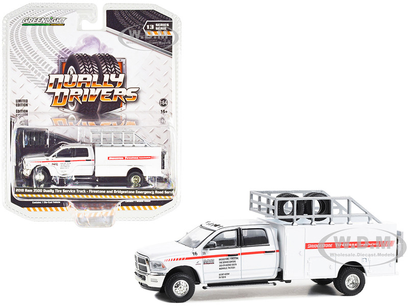 2018 Ram 3500 Dually Tire Service Truck White Firestone and Bridgestone Emergency Road Service Dually Drivers Series 13 1/64 Diecast Model Car Greenlight 46130D